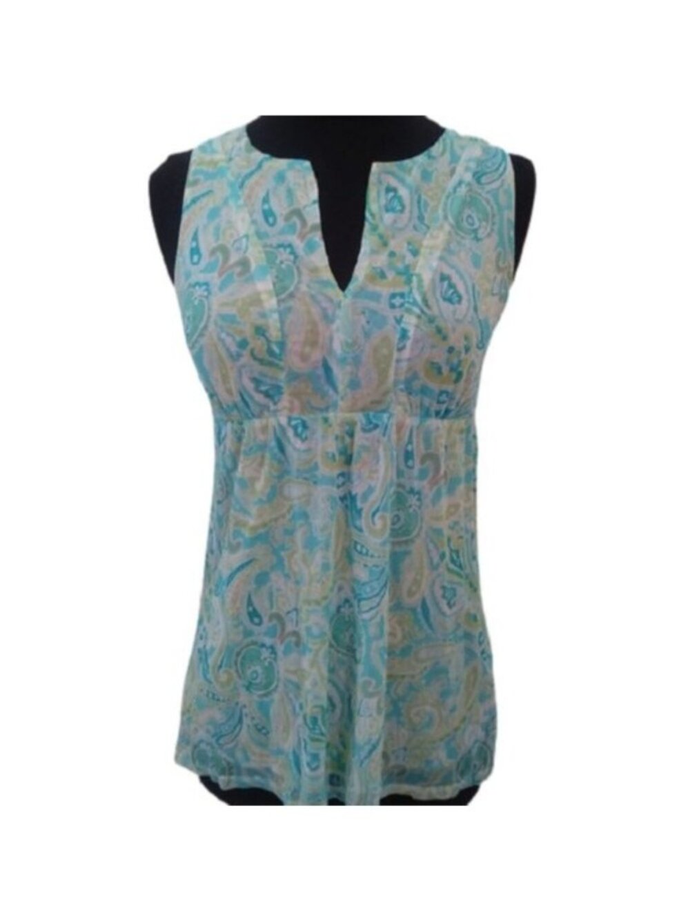 New York & Co Split V Sleeveless Blouse, Turquoise Multi, Size Small